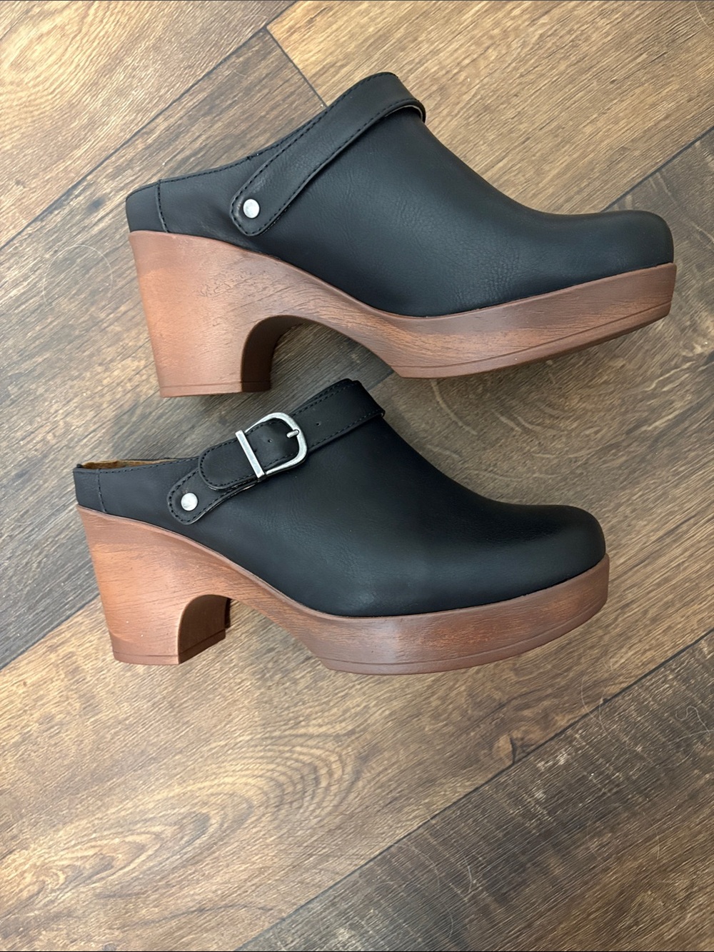 boc Black Leather Clogs with Brown Wood-Look Heel and Buckle - Picture 2 of 14
